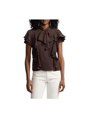 Women's Ralph Lauren Purple Label Brown Malen Silk Blend Tie-Neck Blouse Size 0